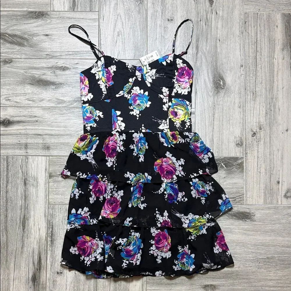 Aeropostale Black Floral Tiered Spaghetti-Strap Dress with Bright Floral Print M